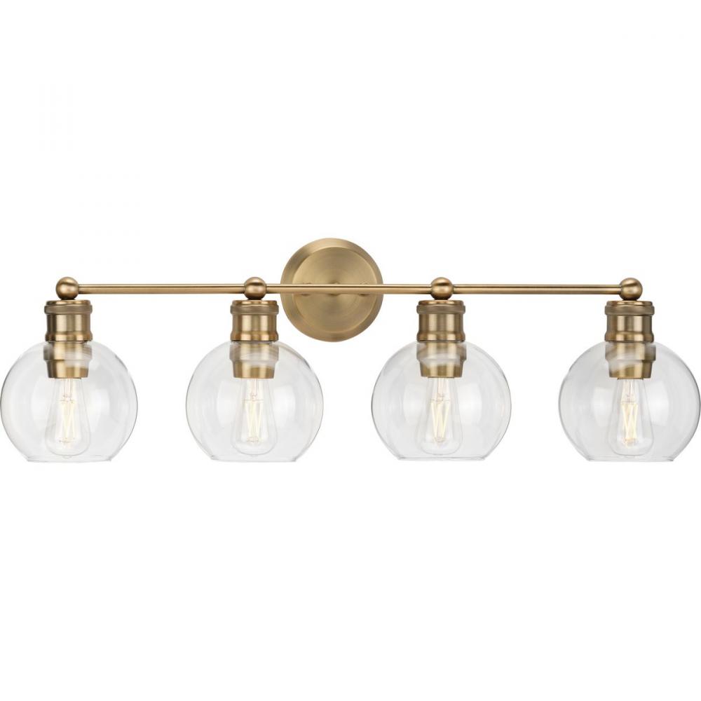 Hansford Collection Four-Light Vintage Brass Clear Glass Farmhouse Bath Vanity Light