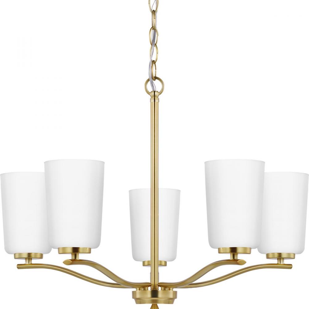 Adley Collection Five-Light Satin Brass Etched White Glass New Traditional Chandelier