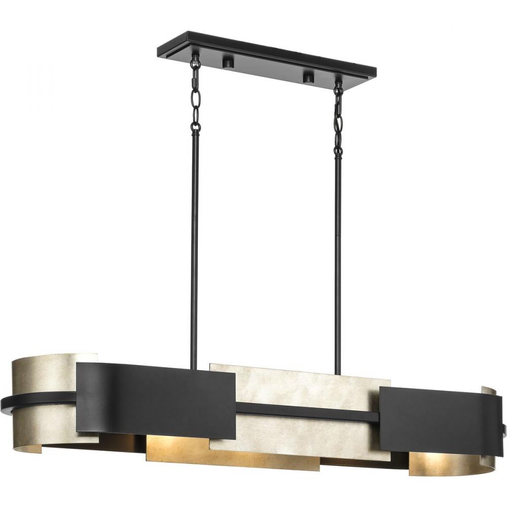 Lowery Collection Four-Light Matte Black Industrial Luxe Linear Chandelier with Aged Silver Leaf Acc