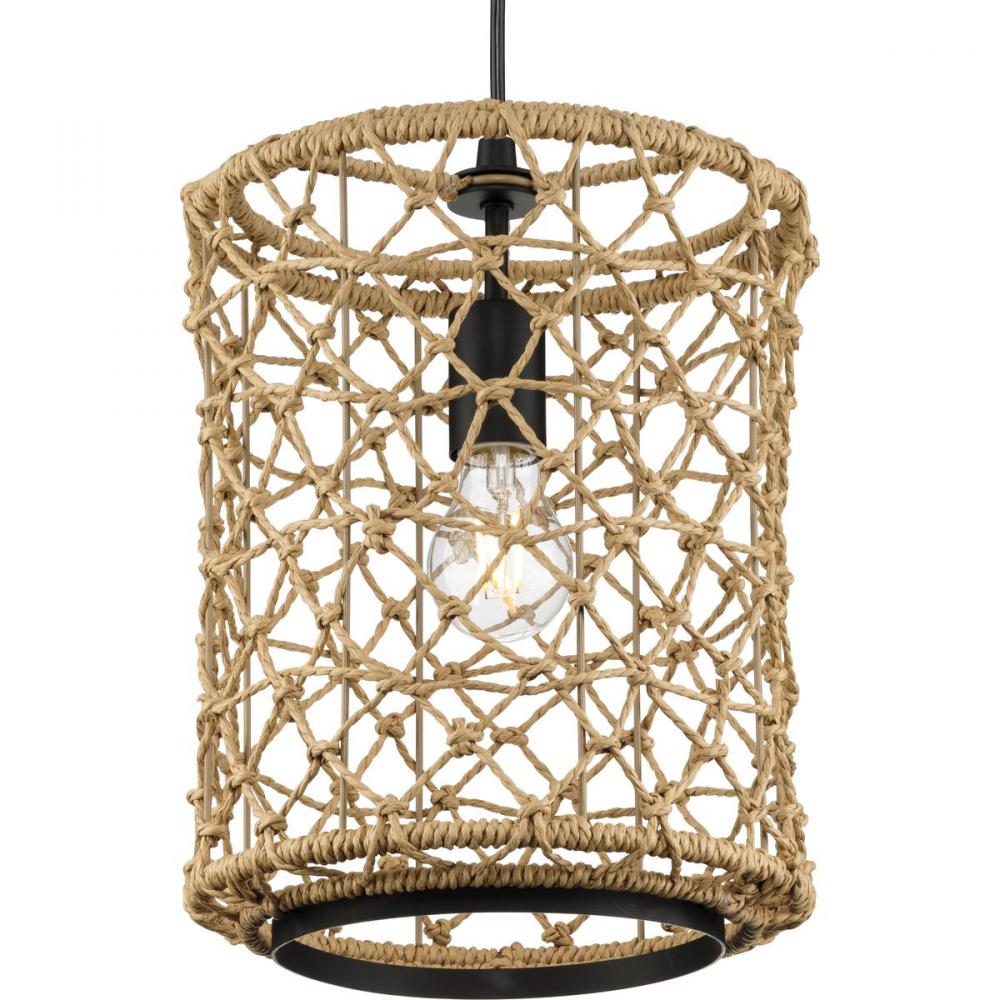 Chandra Collection One-Light Matte Black Global Pendant with Woven Shade