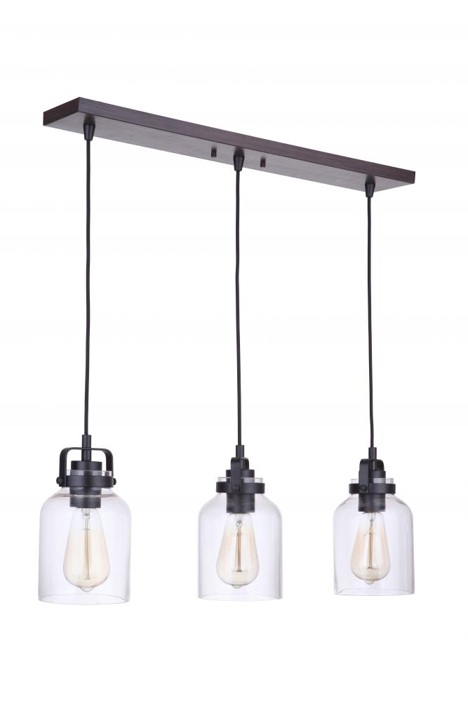 Foxwood 3 Light Pendant in Flat Black/Dark Teak