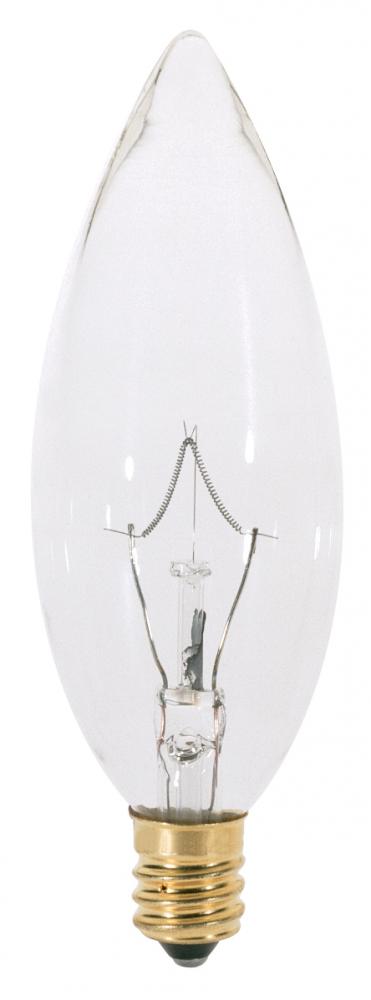 25 Watt B10 Incandescent; Clear; 1000 Average rated hours; 200 Lumens; Candelabra base; 220 Volt